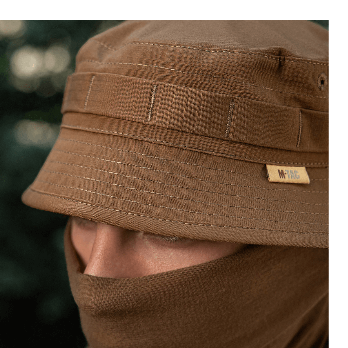 Lähikuva M-Tac Panamahat Gen. II Flex Rip-Stop ruskea rip-stop-kangas, yksityiskohdat ja saumat, galleria-asento 1.