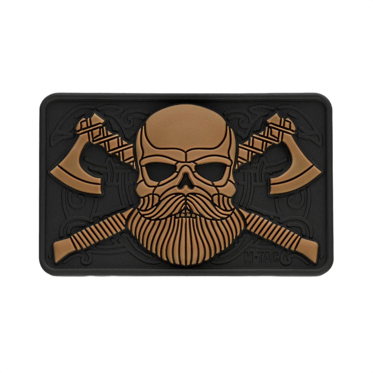M-Tac Bearded Skull 3D PVC-patch 3D-partaisella designilla ja kahdella ristiin asetetulla kirveellä, kestävästä PVC-kumista taktiseen ja ulkoilukäyttöön.