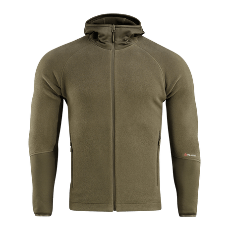 M-Tac Polartec Sport -huppari vihreänä, tarjoaa lämmöneristyksen ja hengittävyyden, sopii fyysiseen aktiivisuuteen vaihtelevassa säässä.
