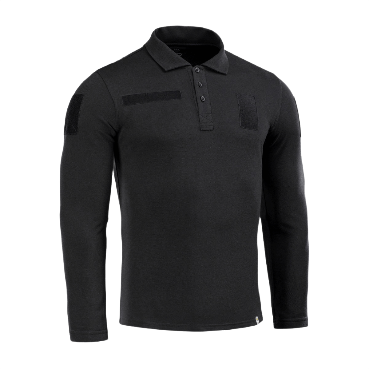 M-Tac Tactical Polo Shirt pitkähiha 65/35 musta, Velcro-panelit univormukäyttöön, sopii poliisille ja turvallisuushenkilöstölle
