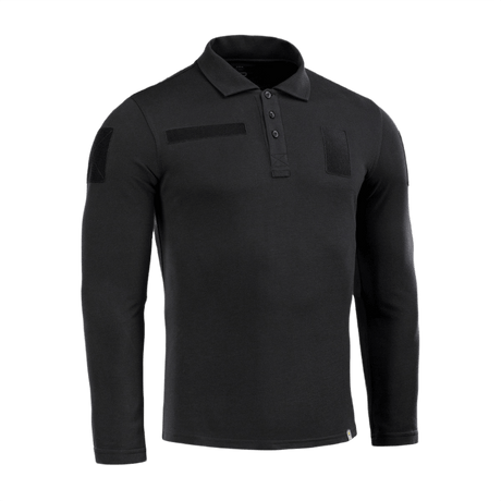 M-Tac Tactical Polo Shirt pitkähiha 65/35 musta, Velcro-panelit univormukäyttöön, sopii poliisille ja turvallisuushenkilöstölle