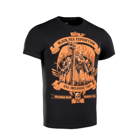 M-Tac T-shirt Black Sea Expedition musta graafisella printillä, sopii metsästykseen, kalastukseen ja urheiluun. Mukava ja joustava istuvuus