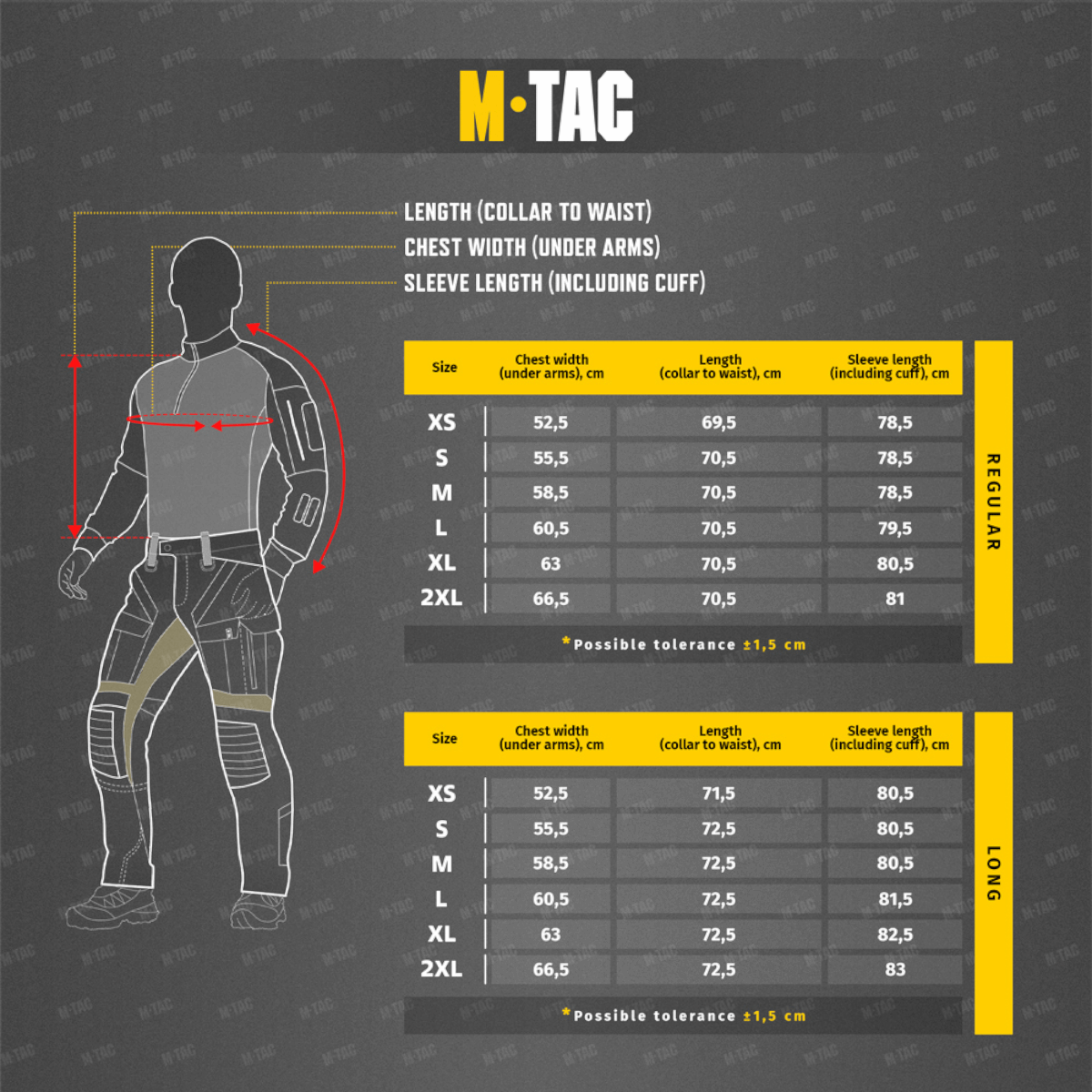 M-Tac Combat Fleece -takki kokotaulukko: rinnanympärys, pituus ja hihan pituus cm, regular- ja long-mallit, galleria-asento 1.