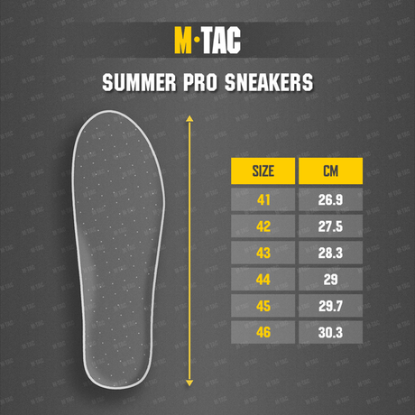 Koko-opas M-Tac Summer Pro -tennareille, pohjan mitta ja eurokoot 41–46