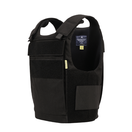 Anorak Rhodium® Duty III pistos- ja luotisuojaliivi Level IIIA -suojalla, musta soft armor -liivi sivulta nähtynä