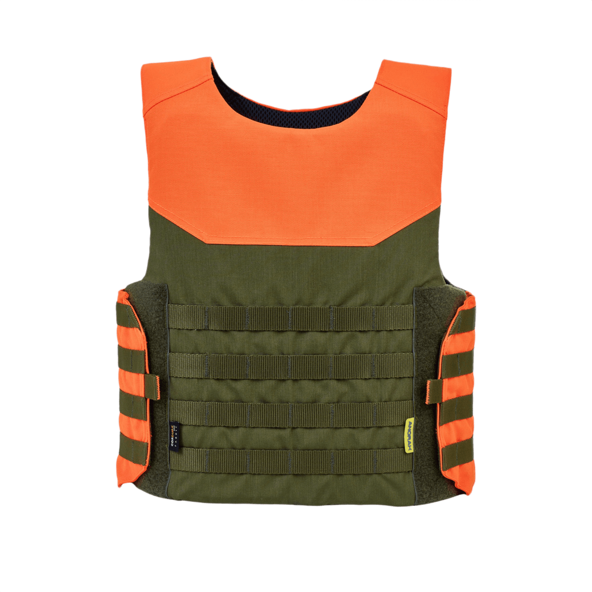 Anorak Titanium® Shield I pistos- ja luotonsuojaliivi vihreänä ja oranssina, suunniteltu optimaaliseen suojaan ja turvallisuuteen.