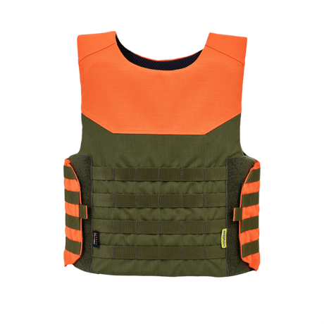 Anorak Titanium® Shield I pistos- ja luotonsuojaliivi vihreänä ja oranssina, suunniteltu optimaaliseen suojaan ja turvallisuuteen.