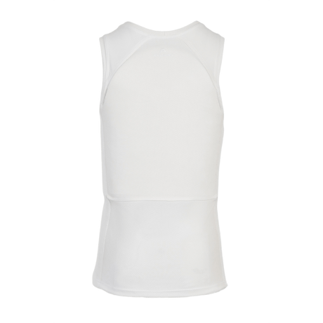 Anorak Rhodium® Undershirt II valkoinen, takakuva, suunniteltu piilotettavaksi suojaksi veitsiä ja luoteja vastaan, NIJ 0101.06 -standardin mukaisesti.