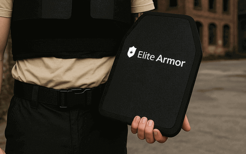 Person holder en Elite Armor skudsikker plade foran mave, iført sikkerhedsvest, udendørs baggrund.