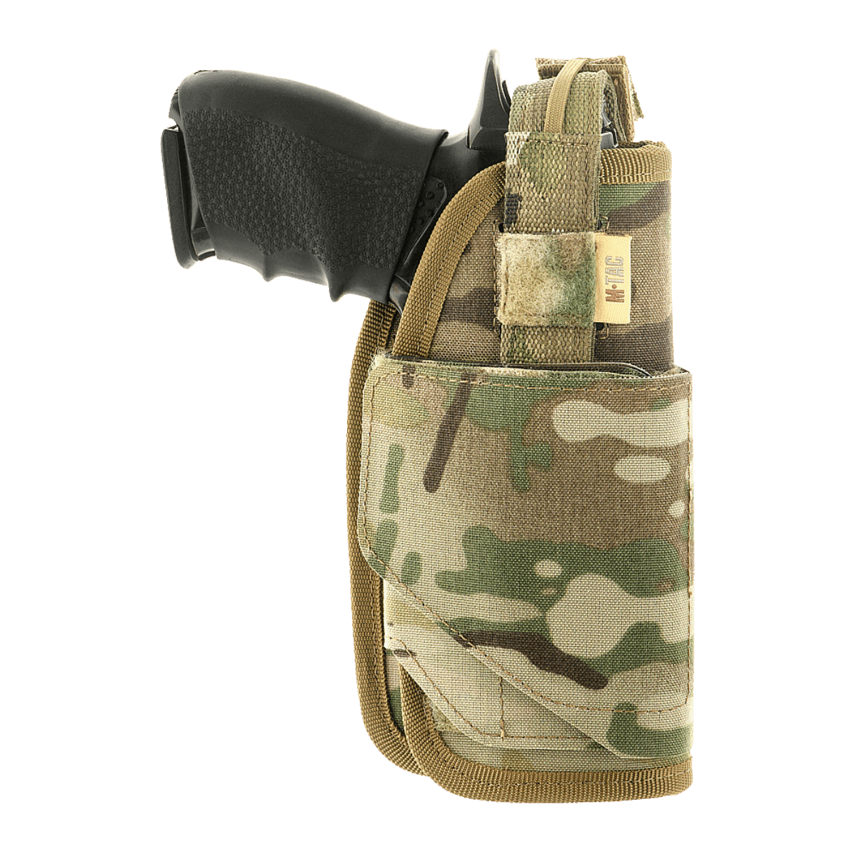 M-Tac Universal Taktisk Hylster Elite Højre, laminoitu Cordura 500D, säädettävä Glock 17:lle ja muille pistooleille, MOLLE-liitännällä.