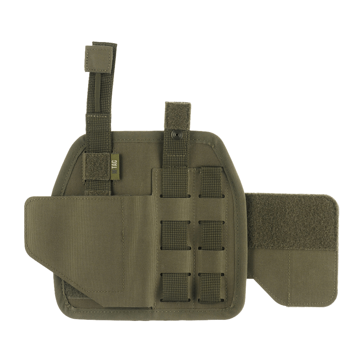 M-Tac Universal Taktisk Hylster Elite Højre oliivinvihreässä Cordura 500D:ssä, MOLLE-liitännällä säätöön ja aseen varmaan kiinnitykseen.