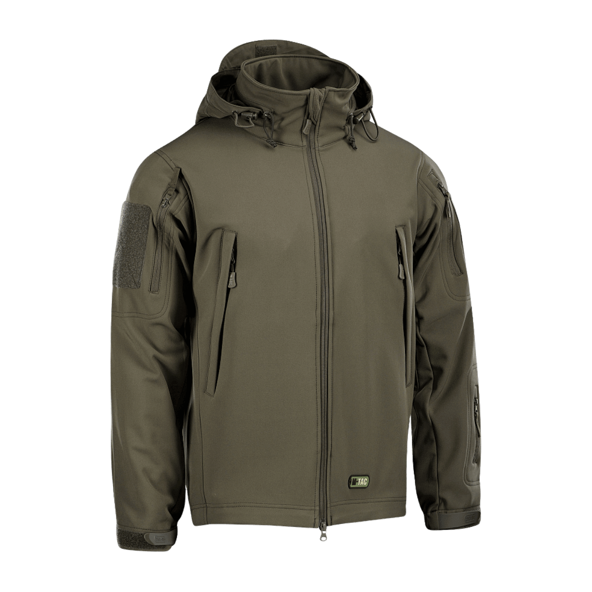 M-Tac Soft Shell -takki sisäisellä polyuretaanikalvolla ja fleece-vuorella huonoa säätä vastaan. Tuuli- ja vesihylkivä takki oliivinvärisenä.
