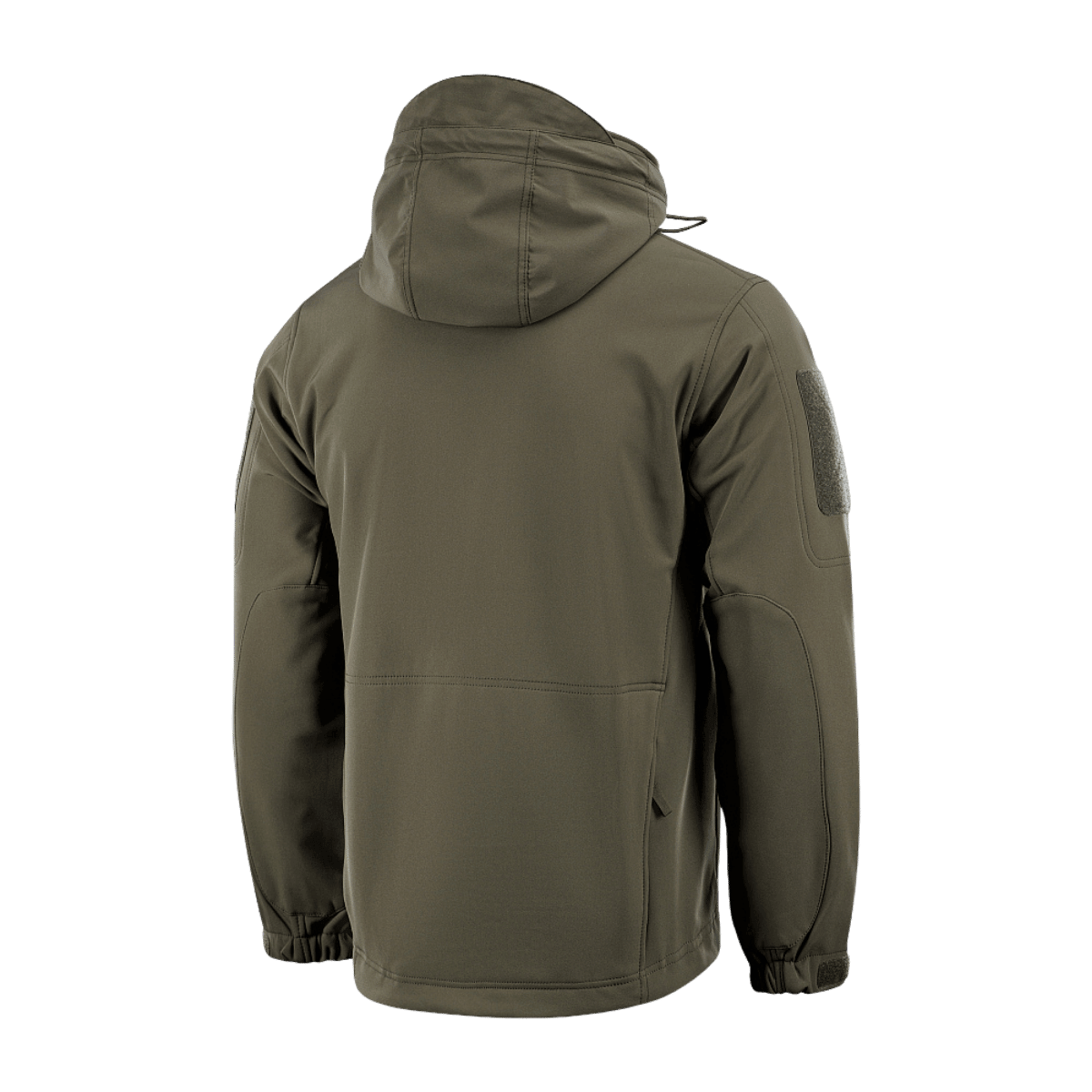 M-Tac Soft Shell -takki oliivinvihreänä takaa kuvattuna, huppu ja taskut. Sopii suojaamaan huonoa säätä.