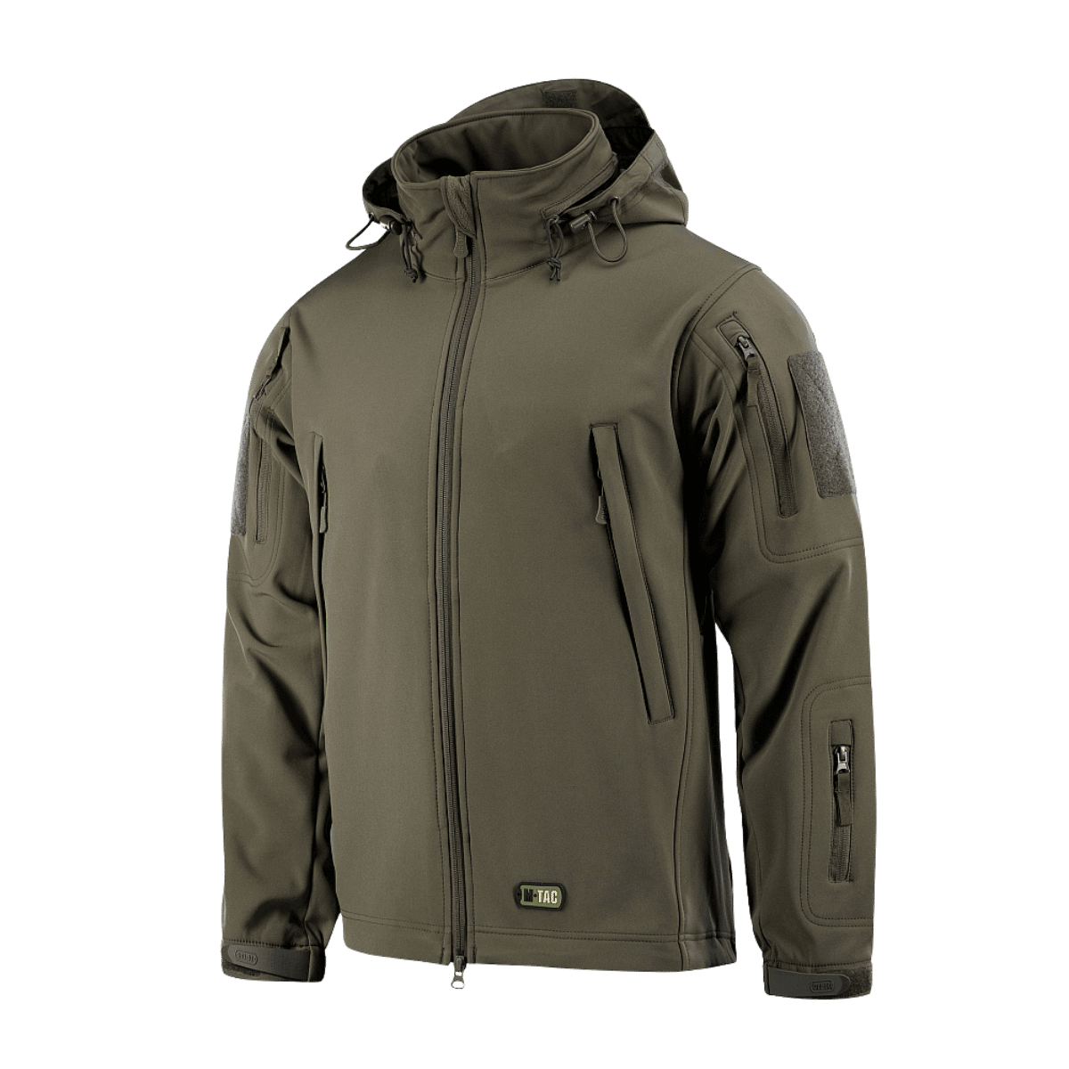 M-Tac Soft Shell -takki oliivinvärisenä, suunniteltu polyuretaanikalvolla ja ohuella fleece-vuorella sääsuojaukseen ja eristykseen.