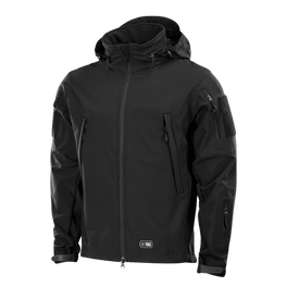 M-Tac Soft Shell -takki mustana, sisäinen polyuretaanikalvo ja fleece-vuori, sääsuojaava ja kevyt malli.