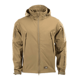 M-Tac Soft Shell -takki tan-värissä polyuretaanikalvolla ja fleece-vuorella, suunniteltu suojaamaan huonolta säältä.
