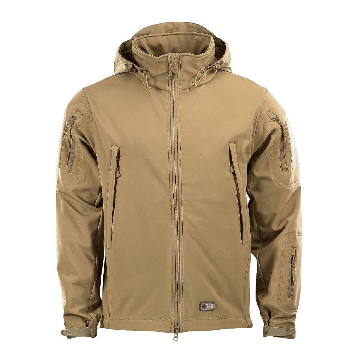M-Tac Soft Shell -takki tan-värissä polyuretaanikalvolla ja fleece-vuorella, suunniteltu suojaamaan huonolta säältä.