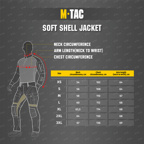 M-Tac Soft Shell -takin kokotaulukko kaula-, rinta- ja hihan mitoilla.