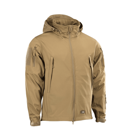 M-Tac Soft Shell -takki beige, huppu ja vetoketjutaskut, sopii sääsuojaukseen polyuretaanikalvon ansiosta.