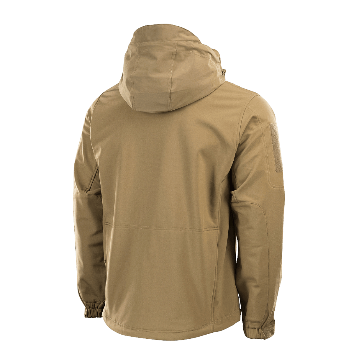 M-Tac Soft Shell -takki takaa kuvattuna, huppu ja tukevat saumat, sopii suojaamaan huonoa säätä vastaan.