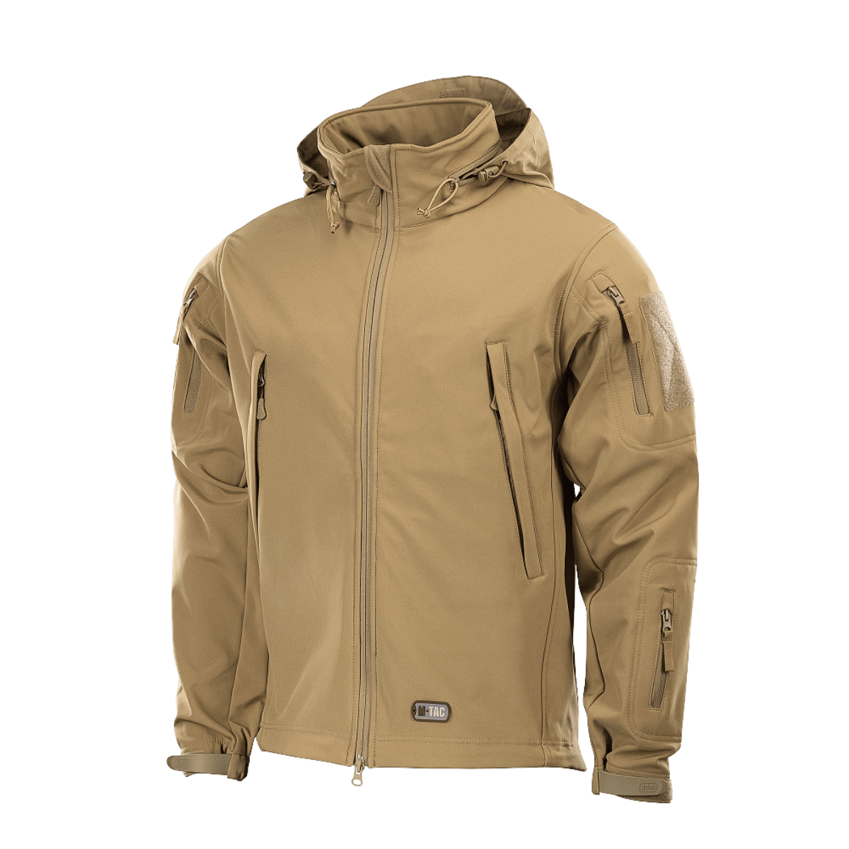 M-Tac Soft Shell -takki hiekanvärisenä polyuretaanikalvolla, sääsuoja ja ohut fleece-vuori sisällä.