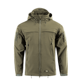 M-Tac Soft Shell Police Jakke vihreänä, säädettävällä hupulla ja tuulta hylkivällä materiaalilla suojaamaan kaikissa sääolosuhteissa.