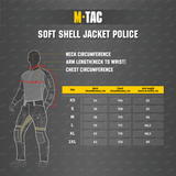 Kokotaulukko M-Tac Soft Shell Police Jakkeelle, mitat kaulalle, rinnalle ja hihojen pituudelle cm, XS–2XL.