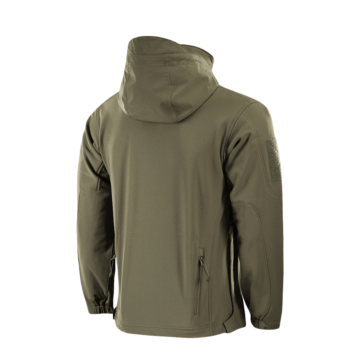 M-Tac Soft Shell Police Jakke oliivinvihreänä, huppu taitettuna kaulukseen, fleecevuori ja säädettävät tunnistepaneelit. Säänkestävä muotoilu.