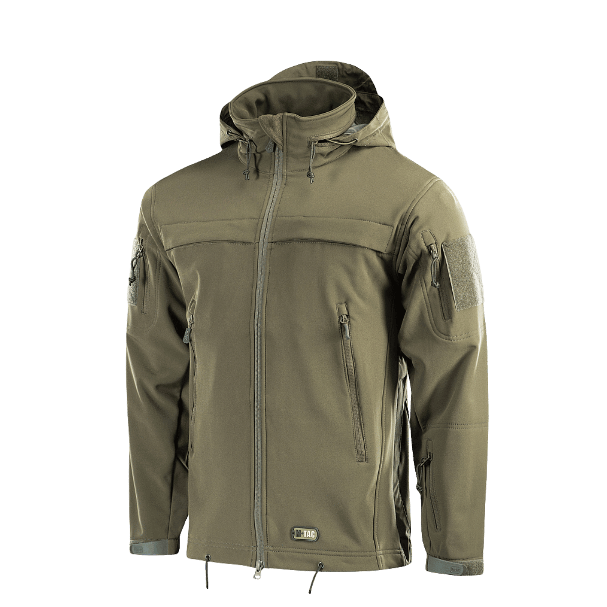 M-Tac Soft Shell Police Jakke oliivinvihreänä, suunniteltu säädettävällä hupulla ja tunnistepaneeleilla poliisikäyttöön.