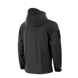 M-Tac Soft Shell Police Jakke säädettävällä hupulla ja tunnistepaneeleilla, nähtynä takaa.