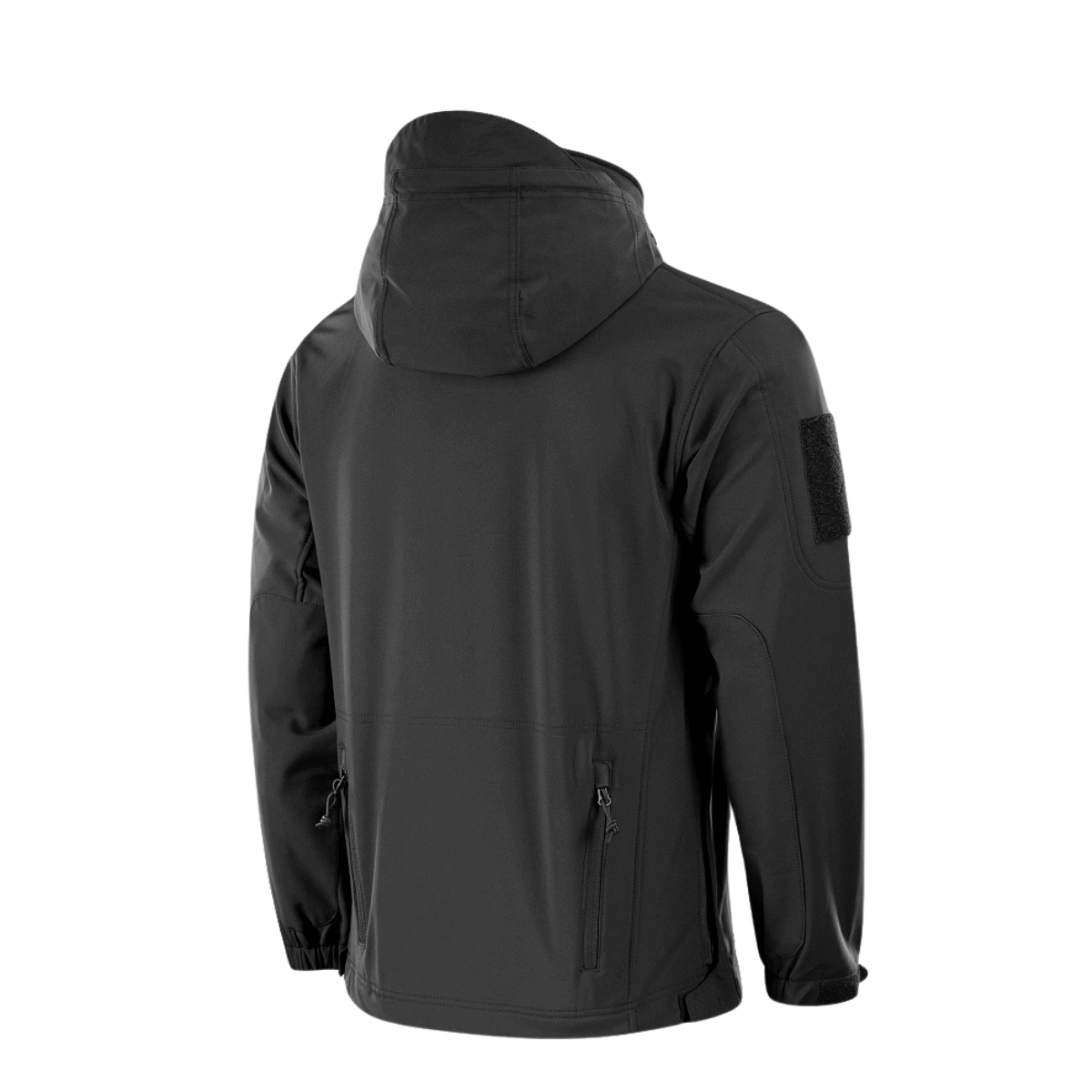 M-Tac Soft Shell Police Jakke säädettävällä hupulla ja tunnistepaneeleilla, nähtynä takaa.