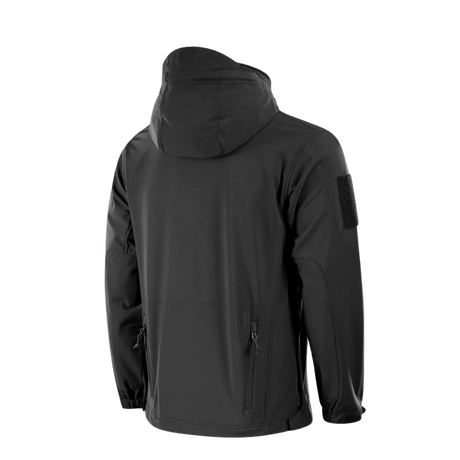 M-Tac Soft Shell Police Jakke säädettävällä hupulla ja tunnistepaneeleilla, nähtynä takaa.