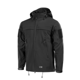 M-Tac Soft Shell Police Jakke säädettävällä hupulla ja tunnistettavilla paneeleilla, suunniteltu tuulta ja säätä vastaan.
