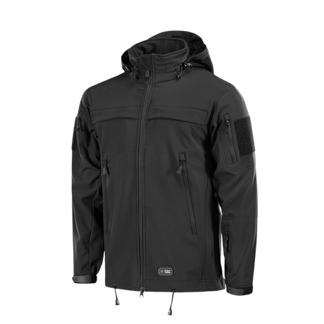 M-Tac Soft Shell Police Jakke säädettävällä hupulla ja tunnistettavilla paneeleilla, suunniteltu tuulta ja säätä vastaan.