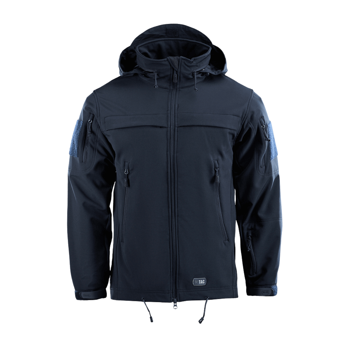 M-Tac Soft Shell Police Jakke säädettävällä hupulla ja fleecevuorella, suunniteltu tuulen- ja säänkestävyyteen piilotetuilla tunnistepaneeleilla.
