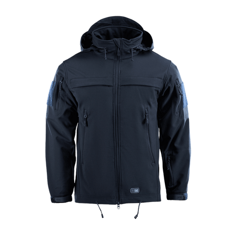 M-Tac Soft Shell Police Jakke säädettävällä hupulla ja fleecevuorella, suunniteltu tuulen- ja säänkestävyyteen piilotetuilla tunnistepaneeleilla.