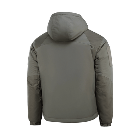 M-Tac Alpha Gen.III Pro -talvitakki, harmaa hupulla, takaa kuvattuna, vedenhylkivä nylon ja G-Loft-eristys, mukavuus jopa -20°C.