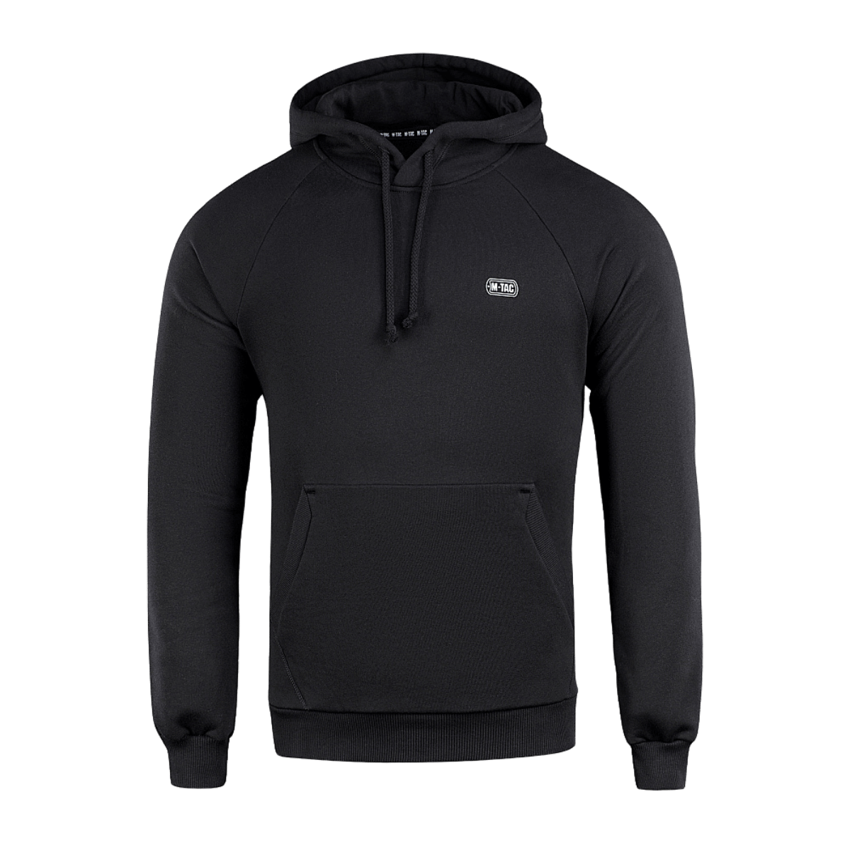 M-Tac Cotton Raglan -huppari, musta, raglanhihat ja huppu, valmistettu 100 % puuvillasta mukavuutta ja liikkumisvapautta varten.