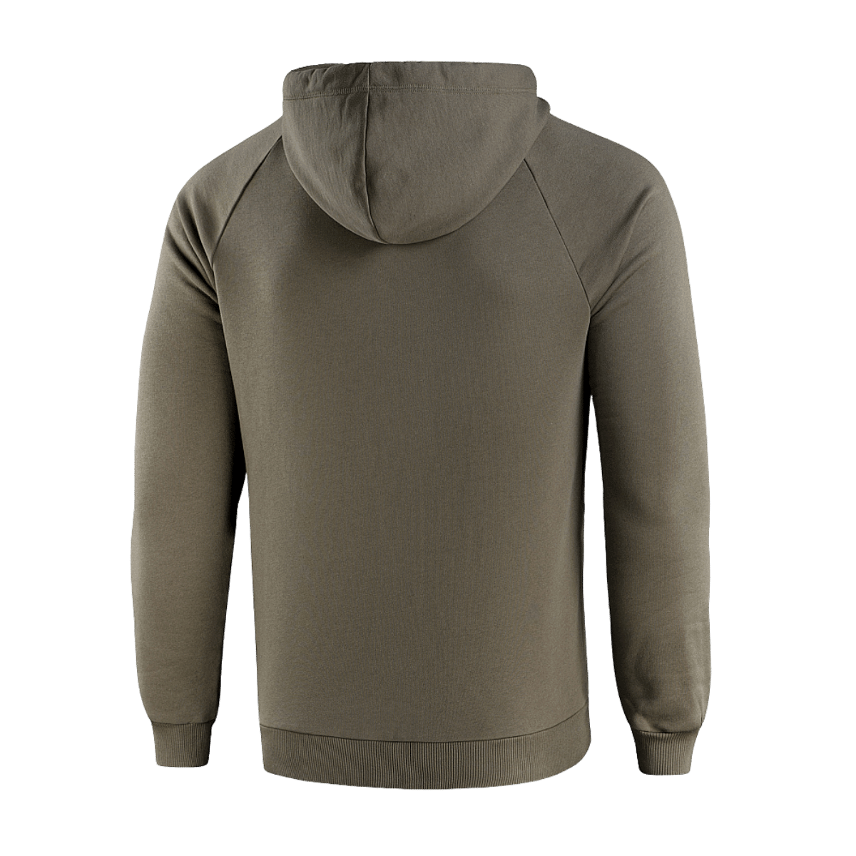 M-Tac Cotton Raglan -huppari oliivinvihreänä, takaa kuvatuna, raglanhihat mukavuutta ja tyyliä varten.