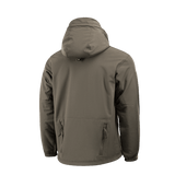 M-Tac Soft Shell Jakke med Liner takaa, näyttää hupun ja vetoketjutaskut, valmistettu sääsuojamateriaalista ja irrotettavalla fleecellä.