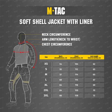 Kokotaulukko M-Tac Soft Shell Jakke med Linerille: mitat kaulalle, rinnalle ja hihan pituudelle eri kokoina.