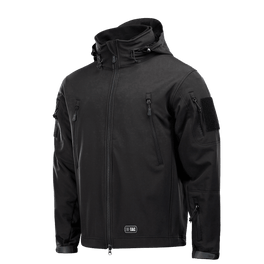M-Tac Soft Shell Jakke med Liner mustana, irrotettavalla fleecenvuorella ja useilla vetoketjutaskuilla, sopii huonoon säähän.
