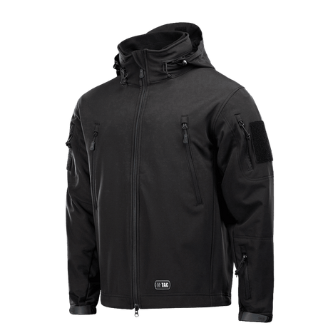 M-Tac Soft Shell Jakke med Liner mustana, irrotettavalla fleecenvuorella ja useilla vetoketjutaskuilla, sopii huonoon säähän.
