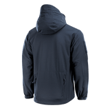 M-Tac Soft Shell Jakke med Liner takaa kuvattuna, sininen vedenpitävä softshell-takki irrotettavalla fleecenvuorella ja hupulla, sopii huonoon säähän.