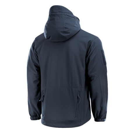 M-Tac Soft Shell Jakke med Liner takaa kuvattuna, sininen vedenpitävä softshell-takki irrotettavalla fleecenvuorella ja hupulla, sopii huonoon säähän.