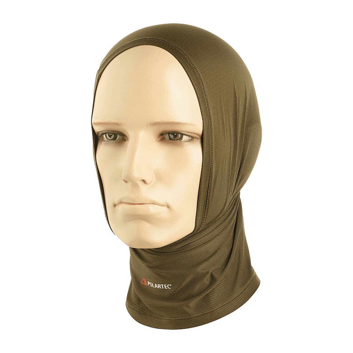 M-Tac Polartec Vent Tube Scarf ruskeana kasvomaskina, mallinuken päällä, valmistettu Polartec® Power Dry® -materiaalista