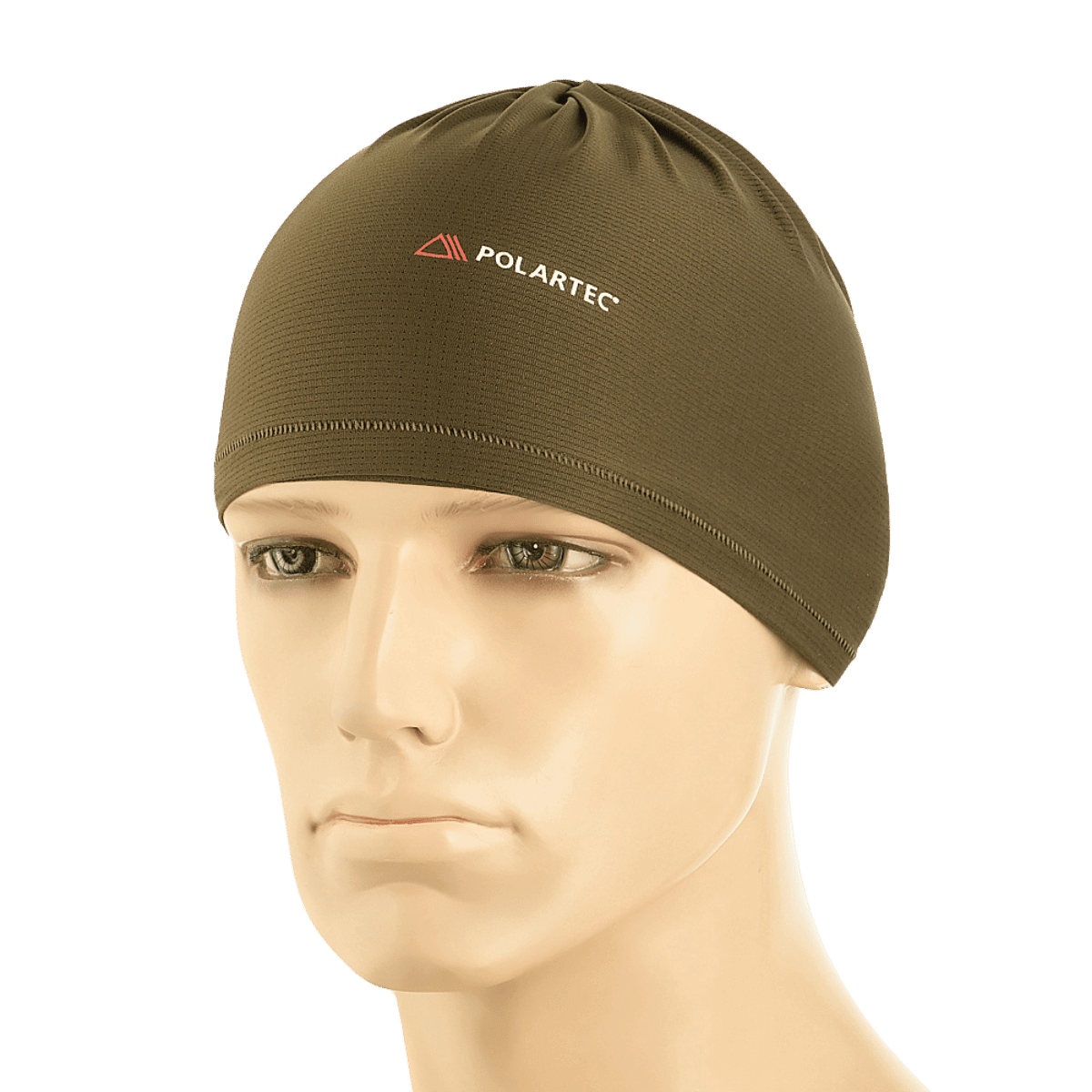 Polartec-merkitty pipo esillä mallinuken päässä oliivinvärisenä