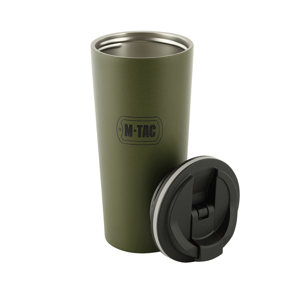 M-Tac 450 ml termosmuki venttiilillä ruostumattomasta teräksestä, avoin kansi vieressä, suunniteltu pitämään juomat lämpiminä tai kylminä