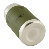 M-Tac termospullo 750 ml taittuvalla lusikalla, ruostumatonta terästä, nähty alaviistosta; moderni muotoilu, sopii retkeilyyn.