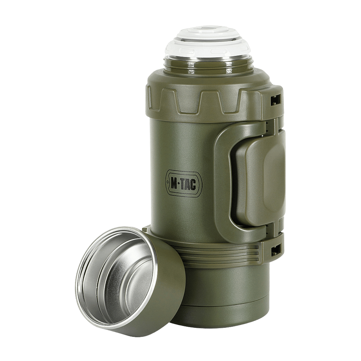 M-Tac 1,6 L termospullo ruostumattomasta teräksestä retkeilyyn ja ulkokäyttöön, esitetty kannen ja vakuumtiivisteen kanssa. Sopii juomille